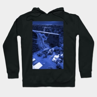 the blue urban city in ecopop collage art in landscape Hoodie